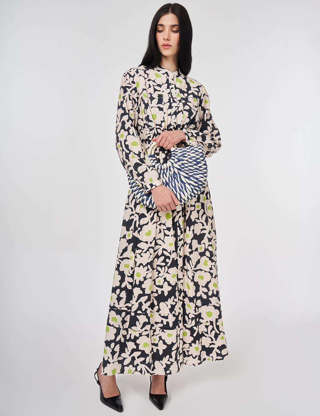 Mandarin Collar Floral Pattern Dress Smoke