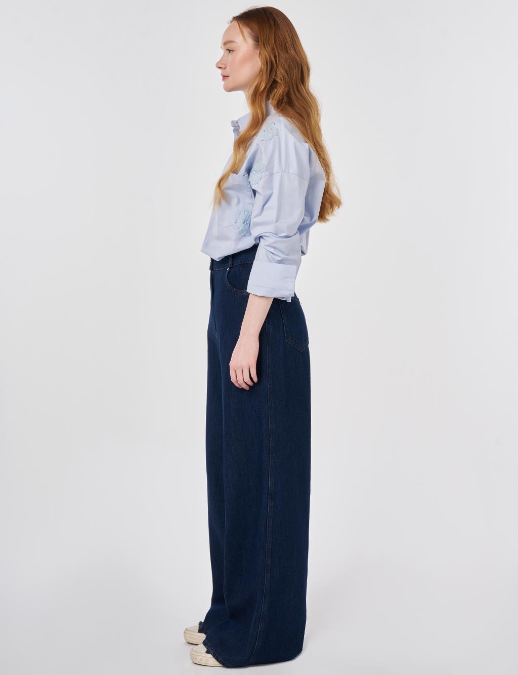Washed Wide Leg Denim Trousers Navy