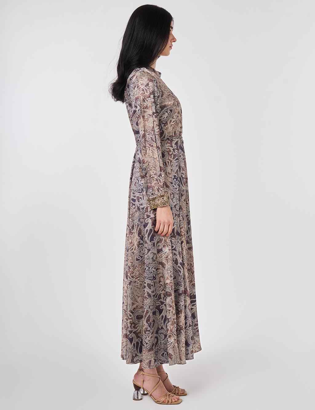 Ethnic Patterned Elegant Dress in Dark Olive