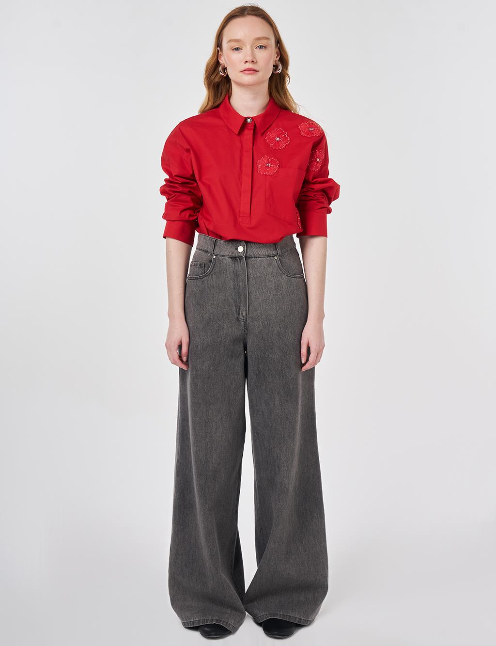 Washed Wide Leg Denim Trousers Anthracite