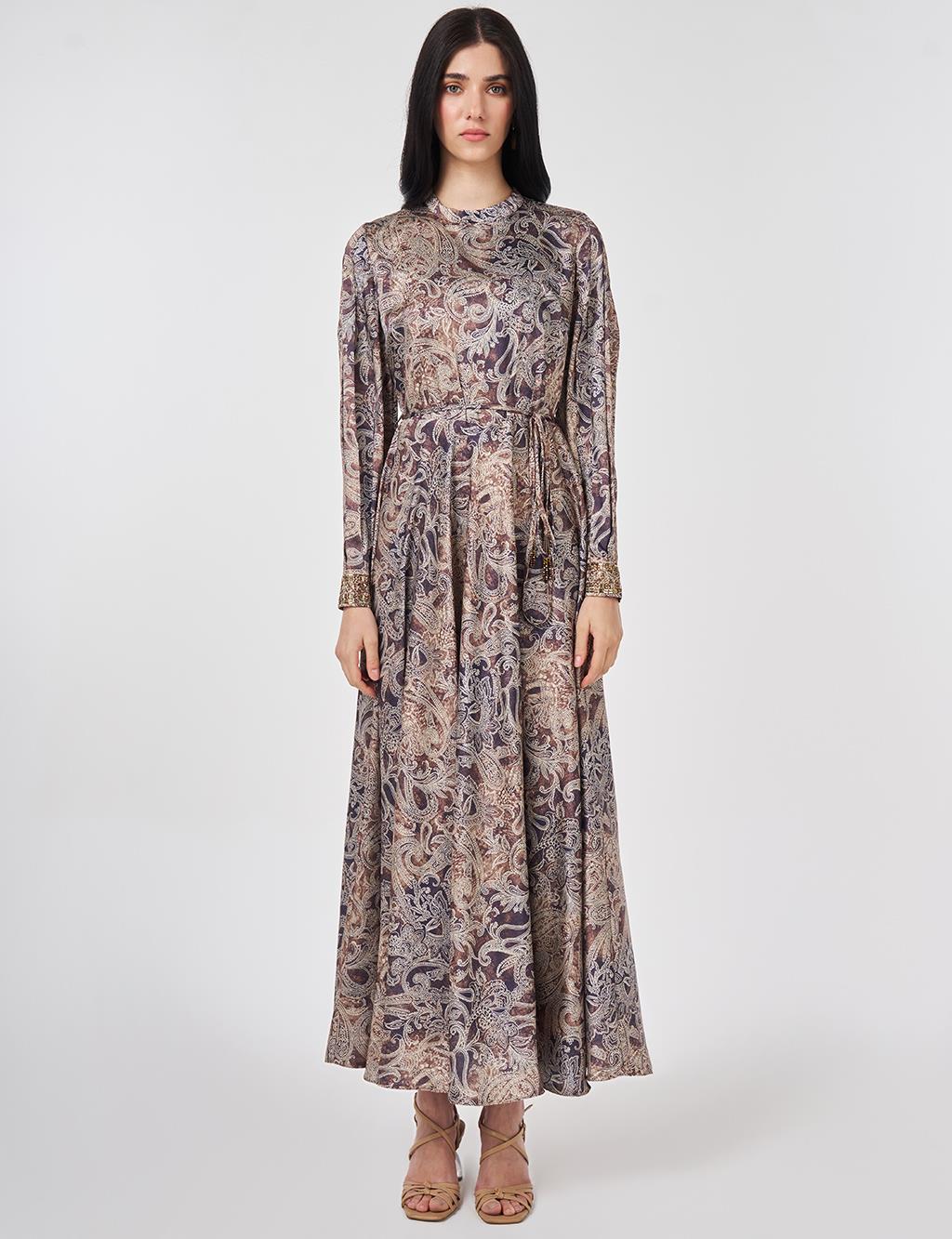 Ethnic Patterned Elegant Dress in Dark Olive