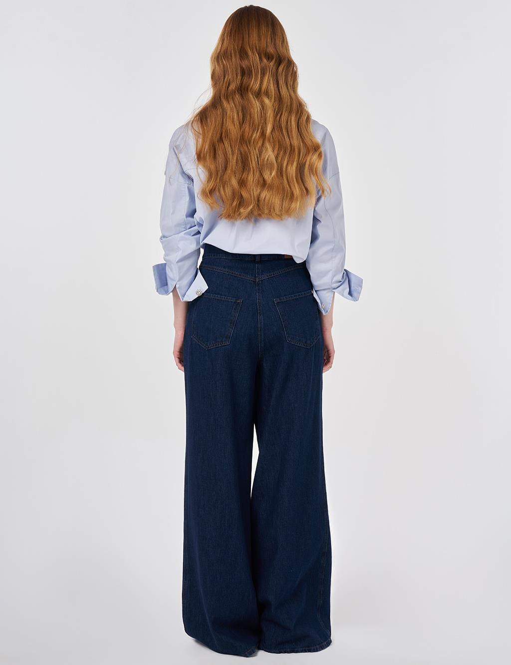 Washed Wide Leg Denim Trousers Navy