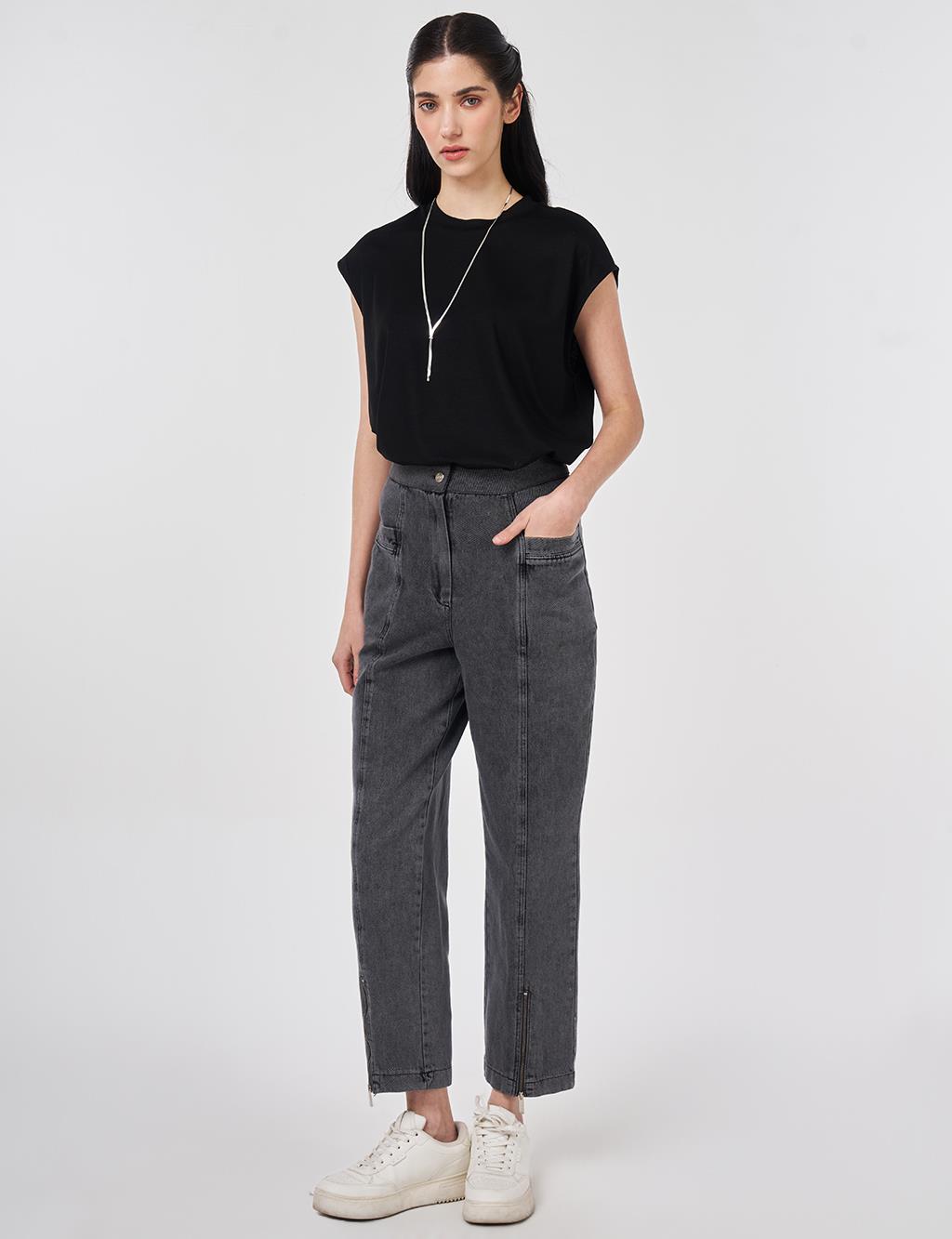 Washed Denim Trousers with Zippered Hems Gray