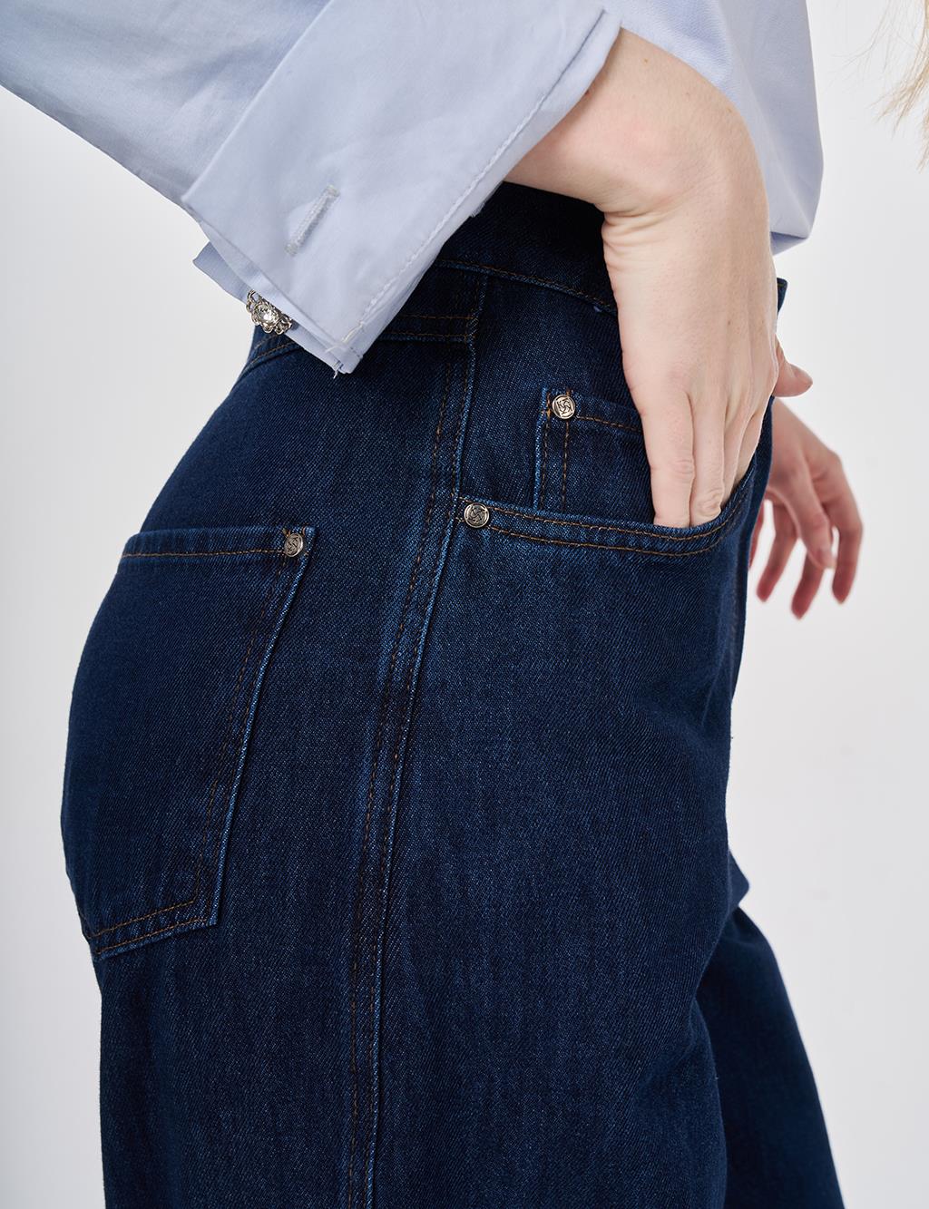 Washed Wide Leg Denim Trousers Navy