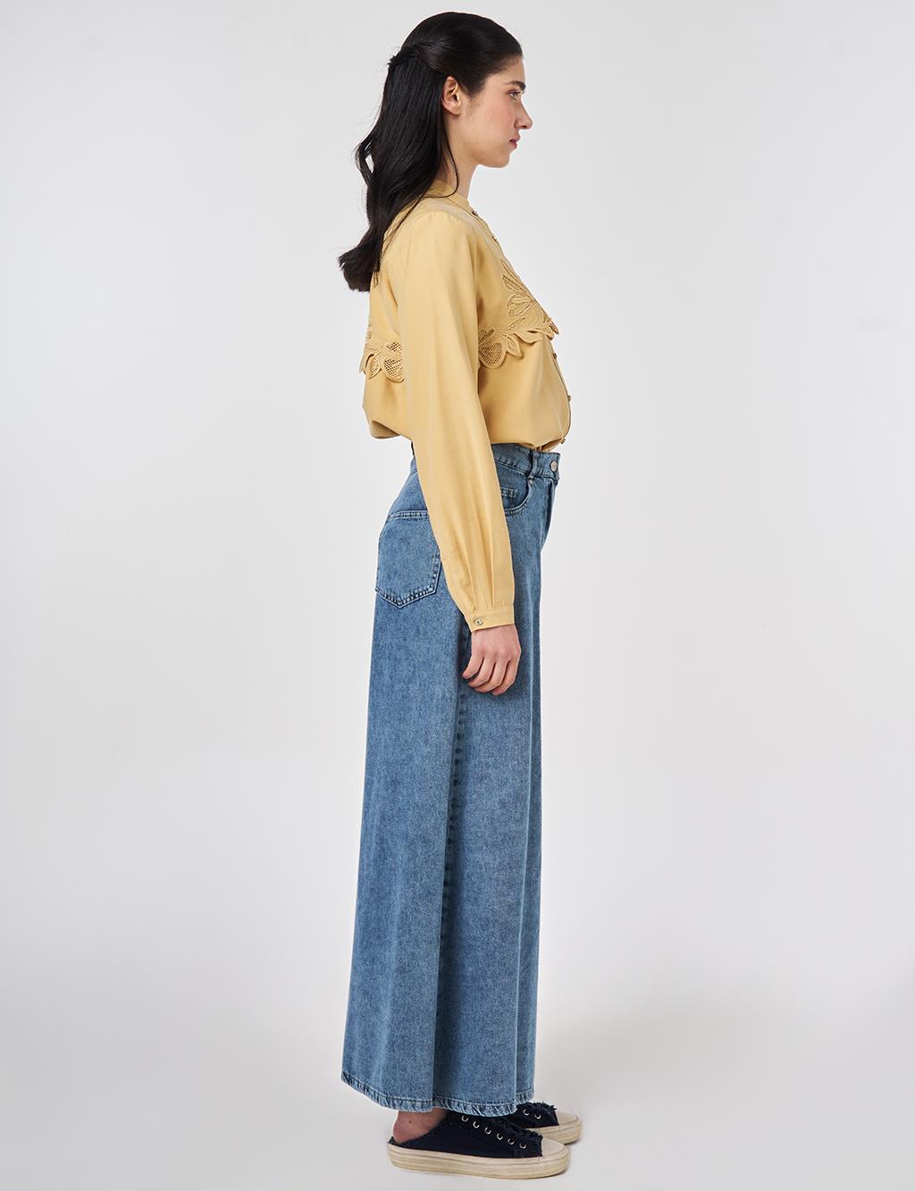 Washed Wide-Leg Denim Trousers Blue 