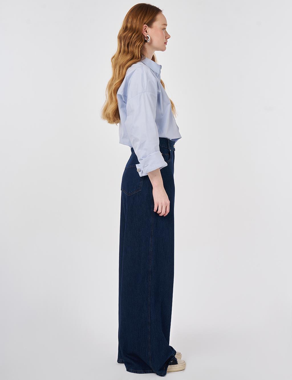 Washed Wide Leg Denim Trousers Navy