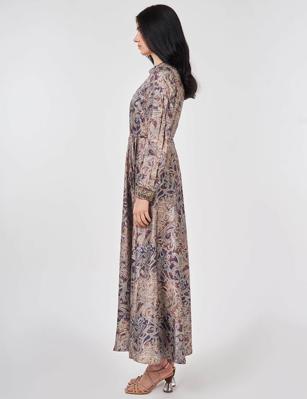 Ethnic Patterned Elegant Dress in Dark Olive