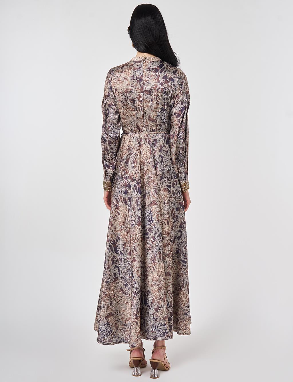 Ethnic Patterned Elegant Dress in Dark Olive