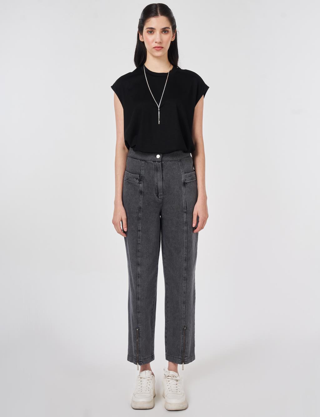 Washed Denim Trousers with Zippered Hems Gray
