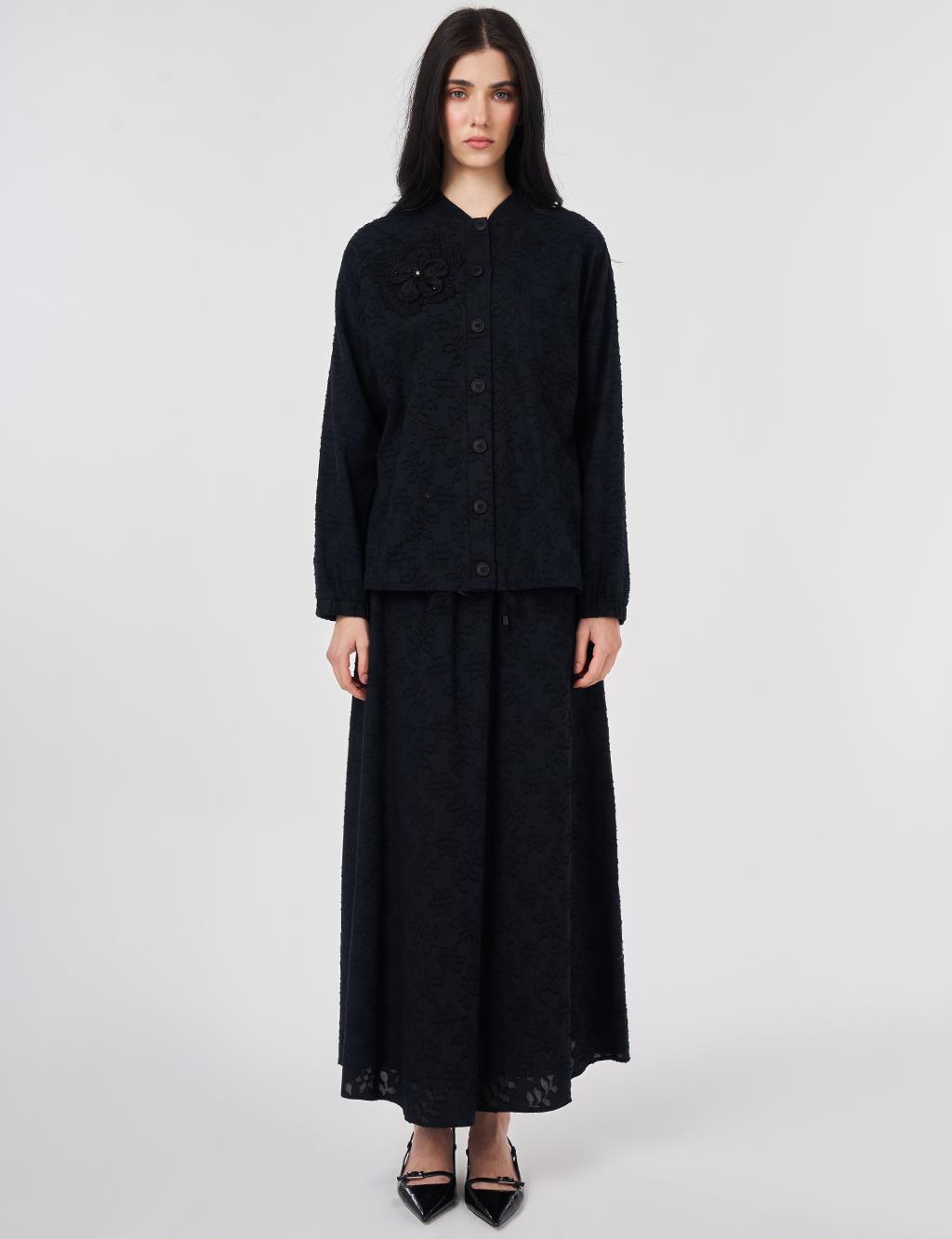 100% Cotton Floral Pattern Two-Piece Set Black