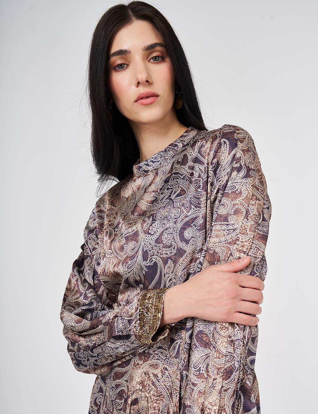 Ethnic Patterned Elegant Dress in Dark Olive