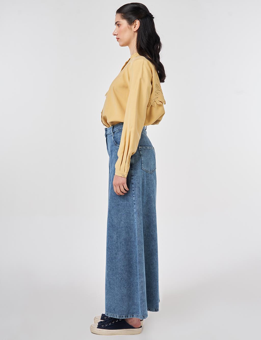 Washed Wide-Leg Denim Trousers Blue 