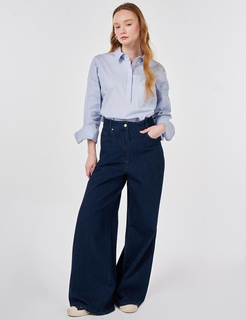 Washed Wide Leg Denim Trousers Navy