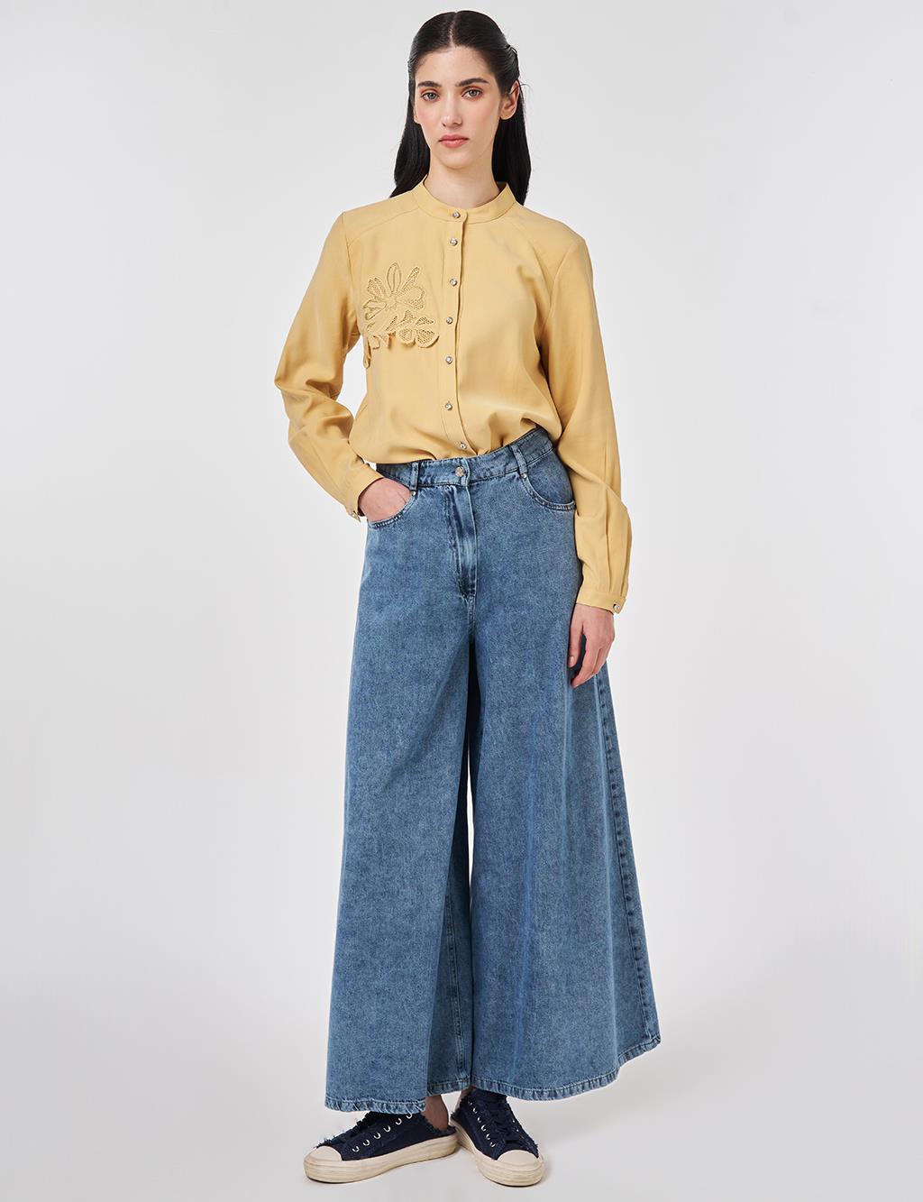 Washed Wide-Leg Denim Trousers Blue 