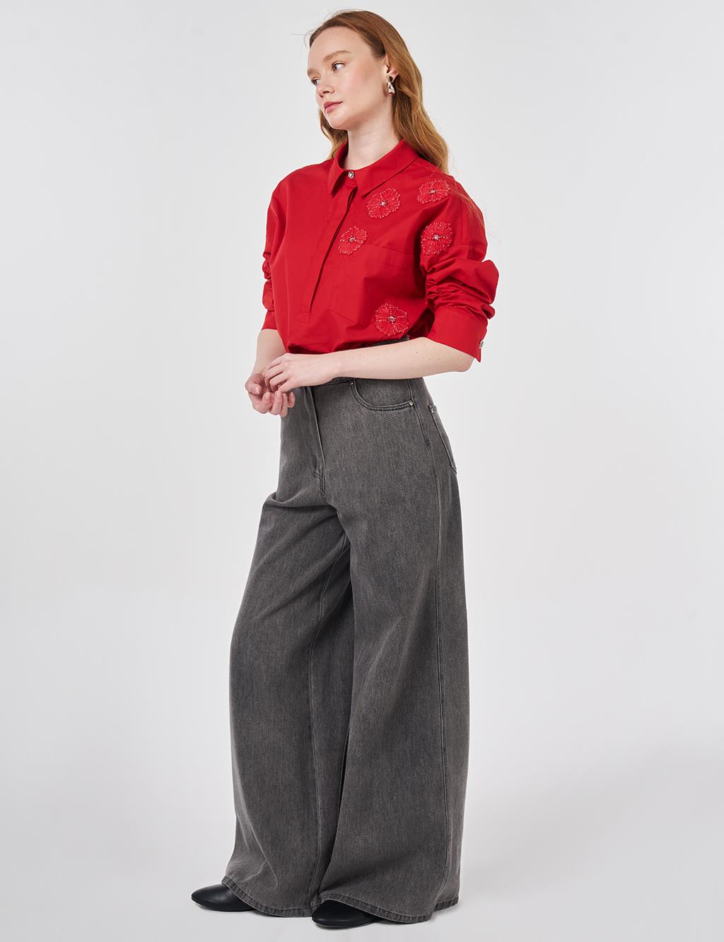 Washed Wide Leg Denim Trousers Anthracite