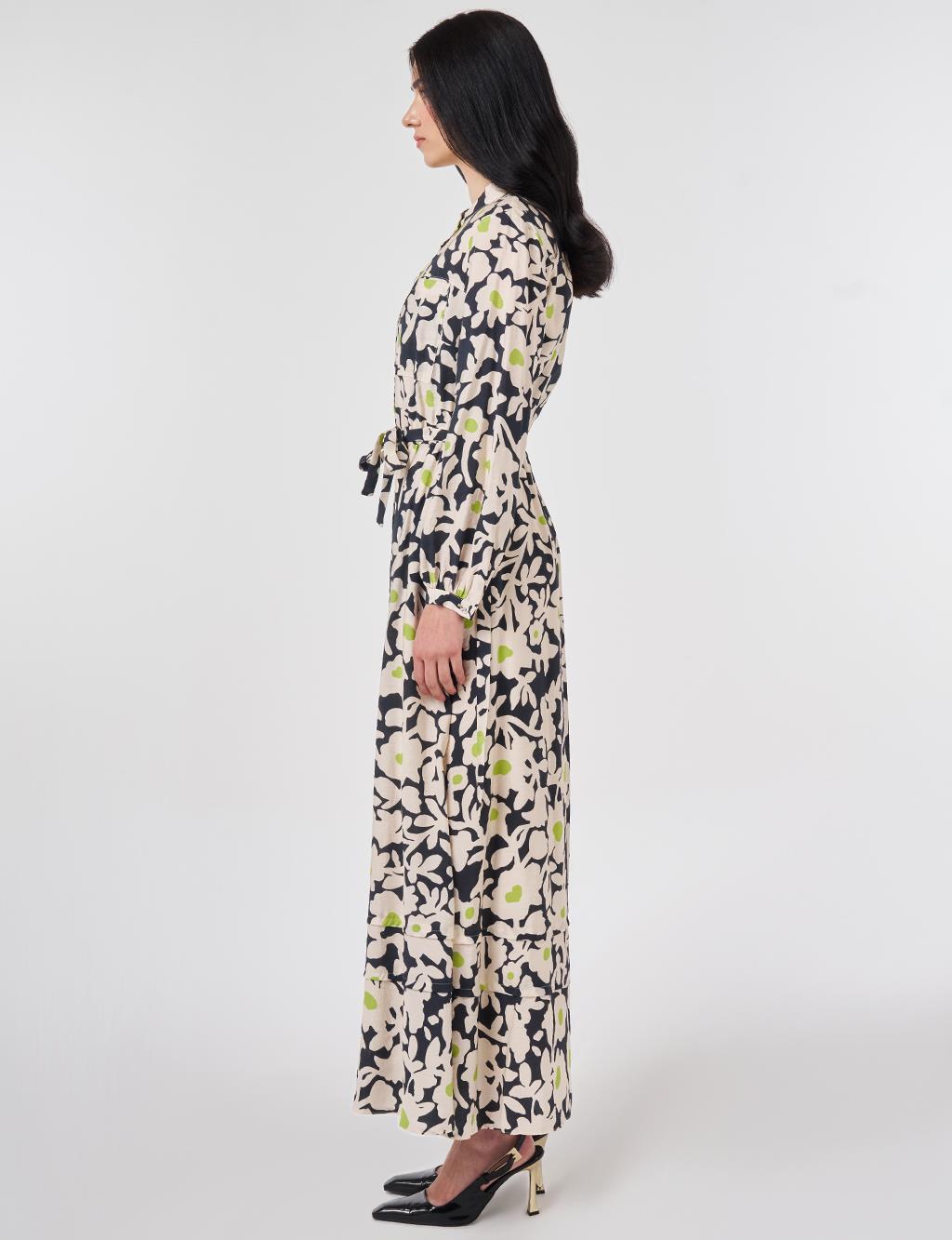 Mandarin Collar Floral Pattern Dress Smoke