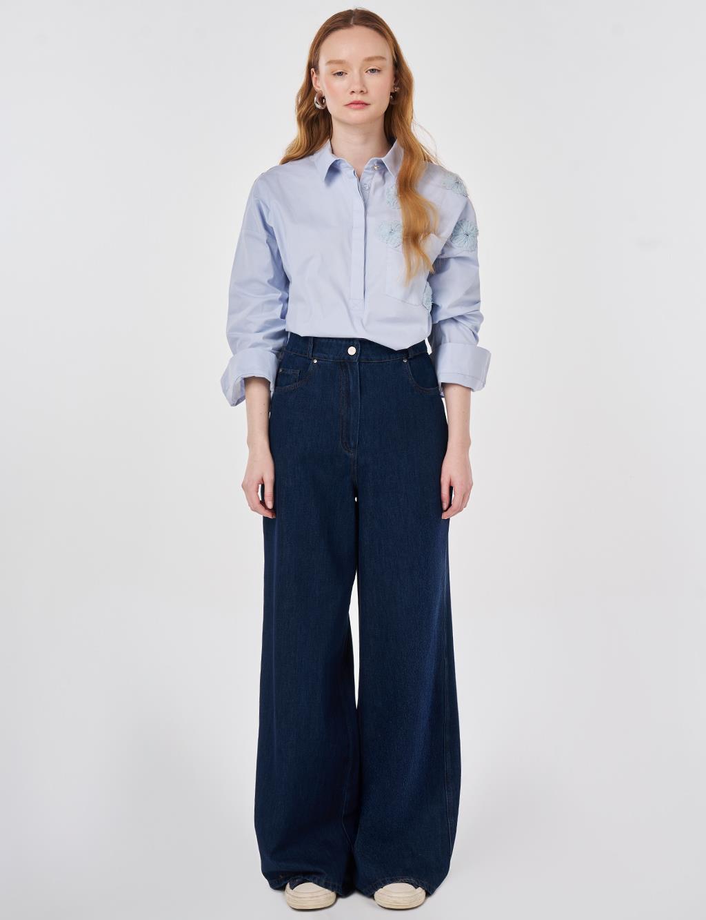 Washed Wide Leg Denim Trousers Navy
