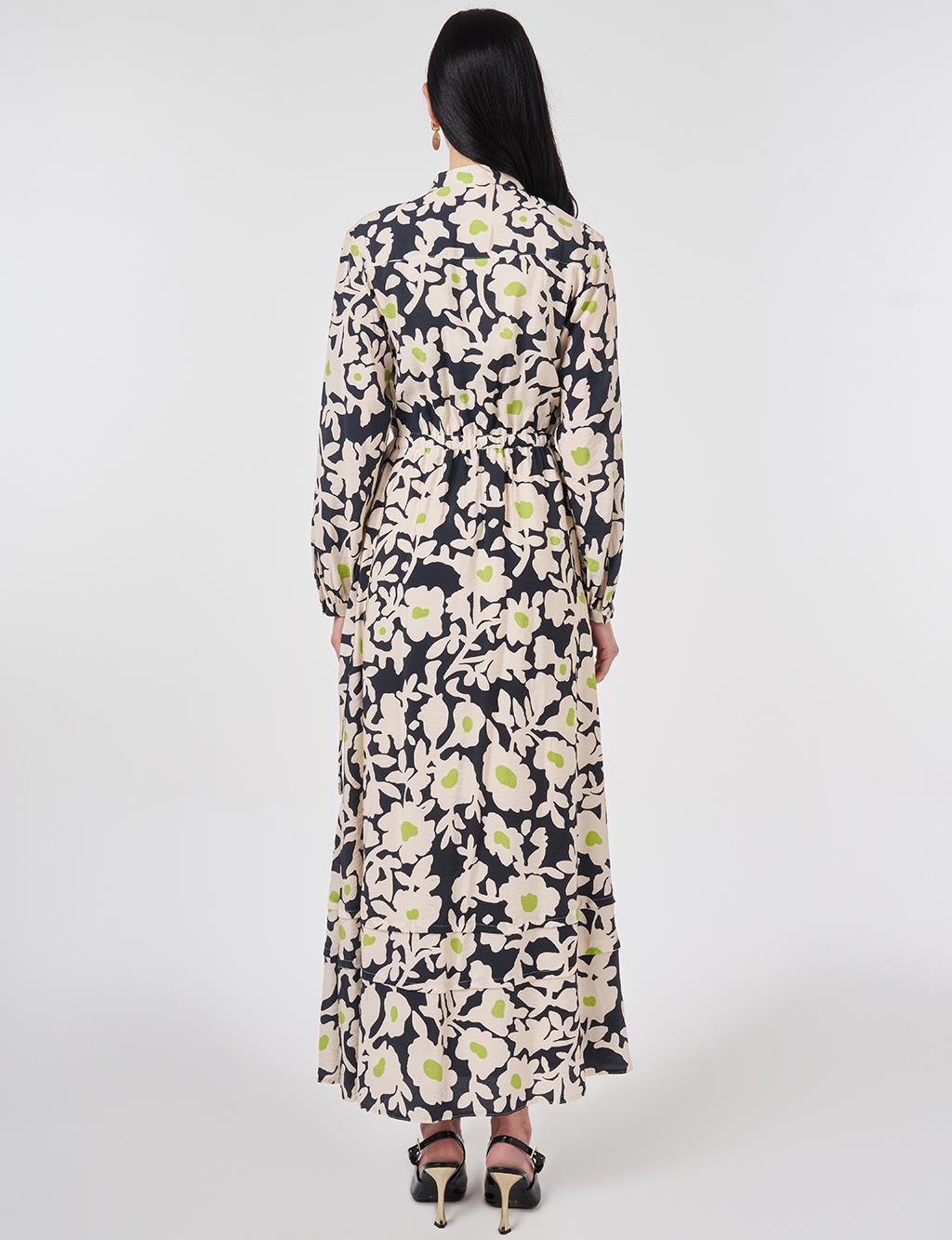 Mandarin Collar Floral Pattern Dress Smoke