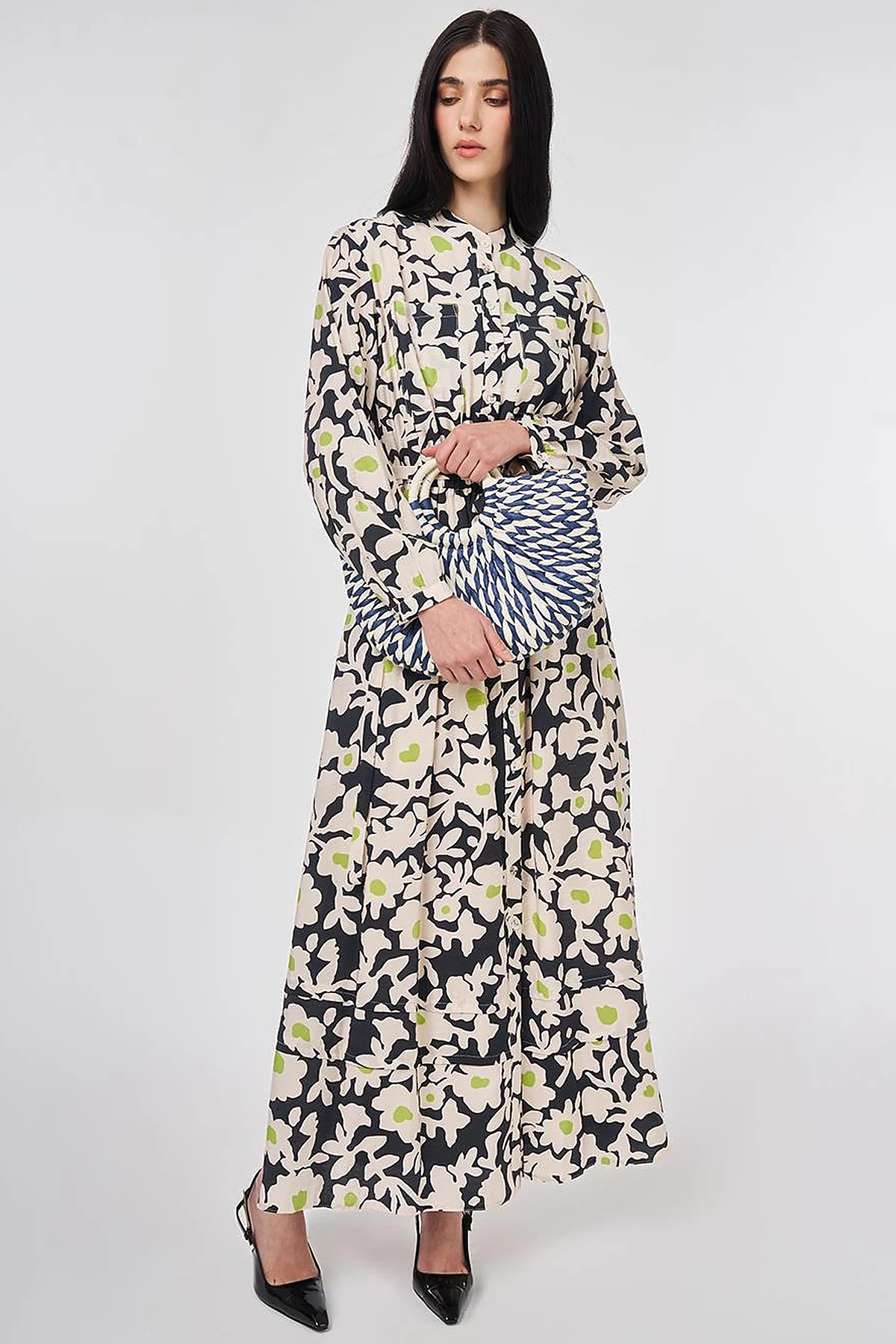 Mandarin Collar Floral Pattern Dress Smoke