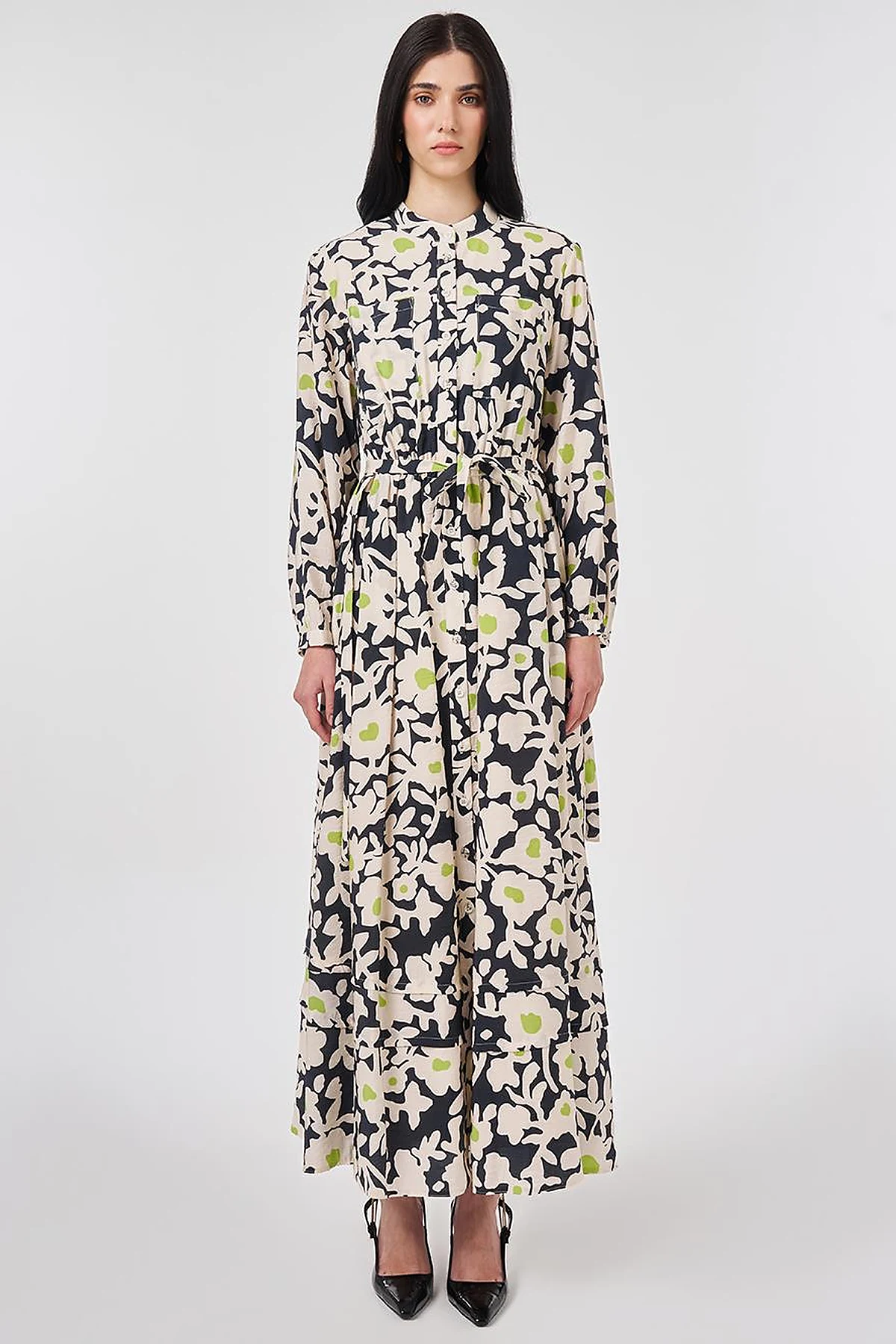Mandarin Collar Floral Pattern Dress Smoke