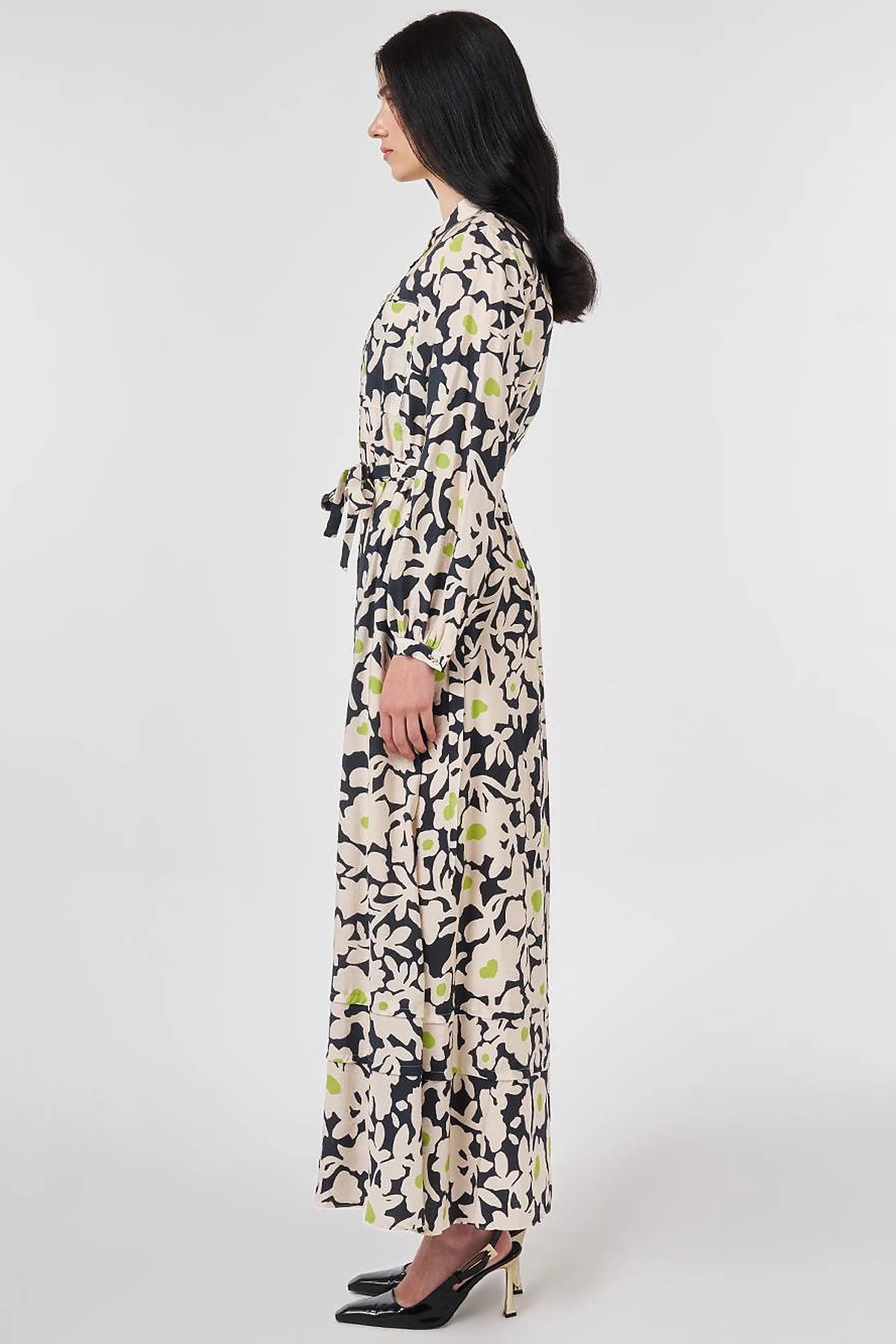 Mandarin Collar Floral Pattern Dress Smoke