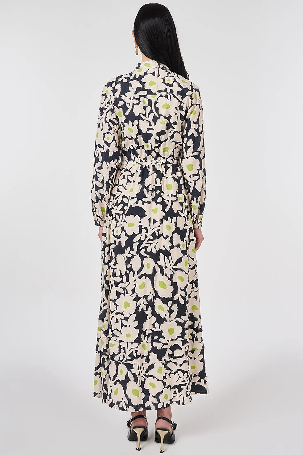 Mandarin Collar Floral Pattern Dress Smoke
