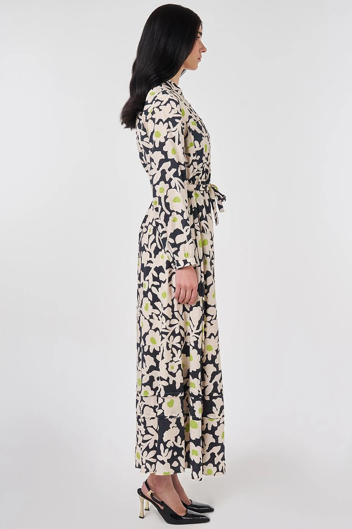 Mandarin Collar Floral Pattern Dress Smoke