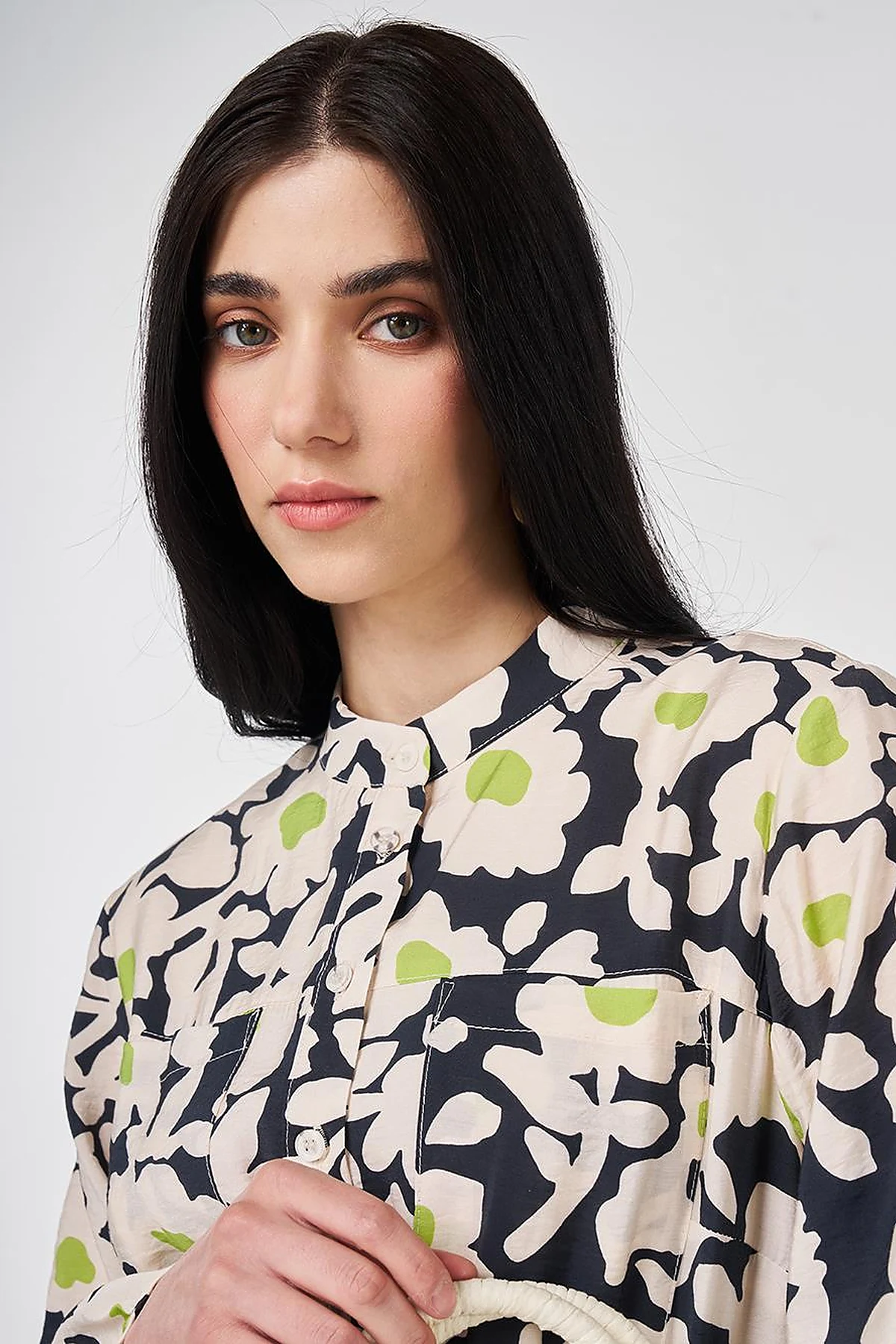 Mandarin Collar Floral Pattern Dress Smoke