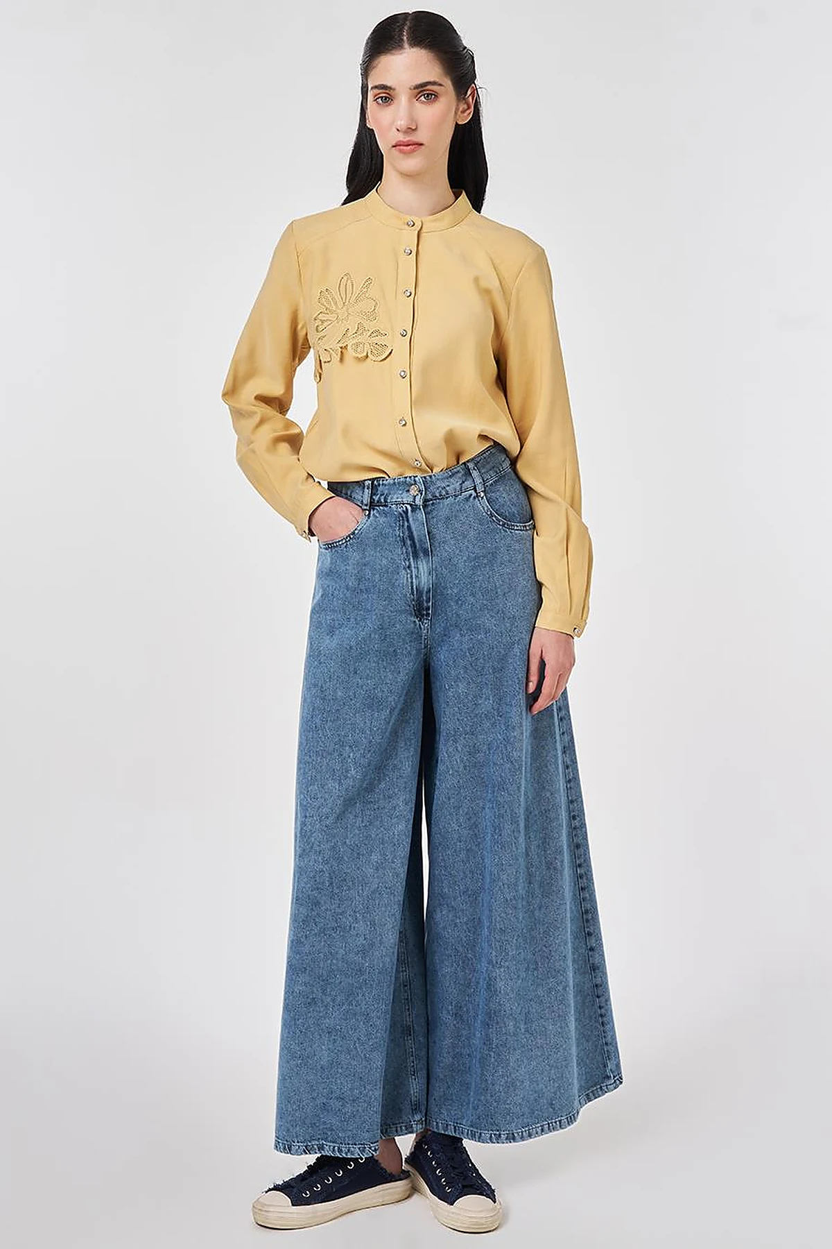 Washed Wide-Leg Denim Trousers Blue 