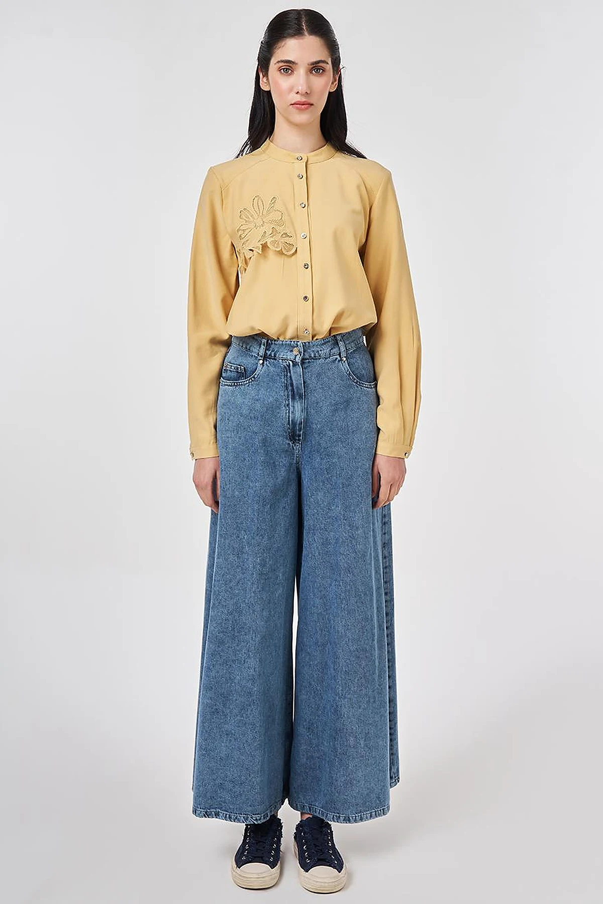 Washed Wide-Leg Denim Trousers Blue 