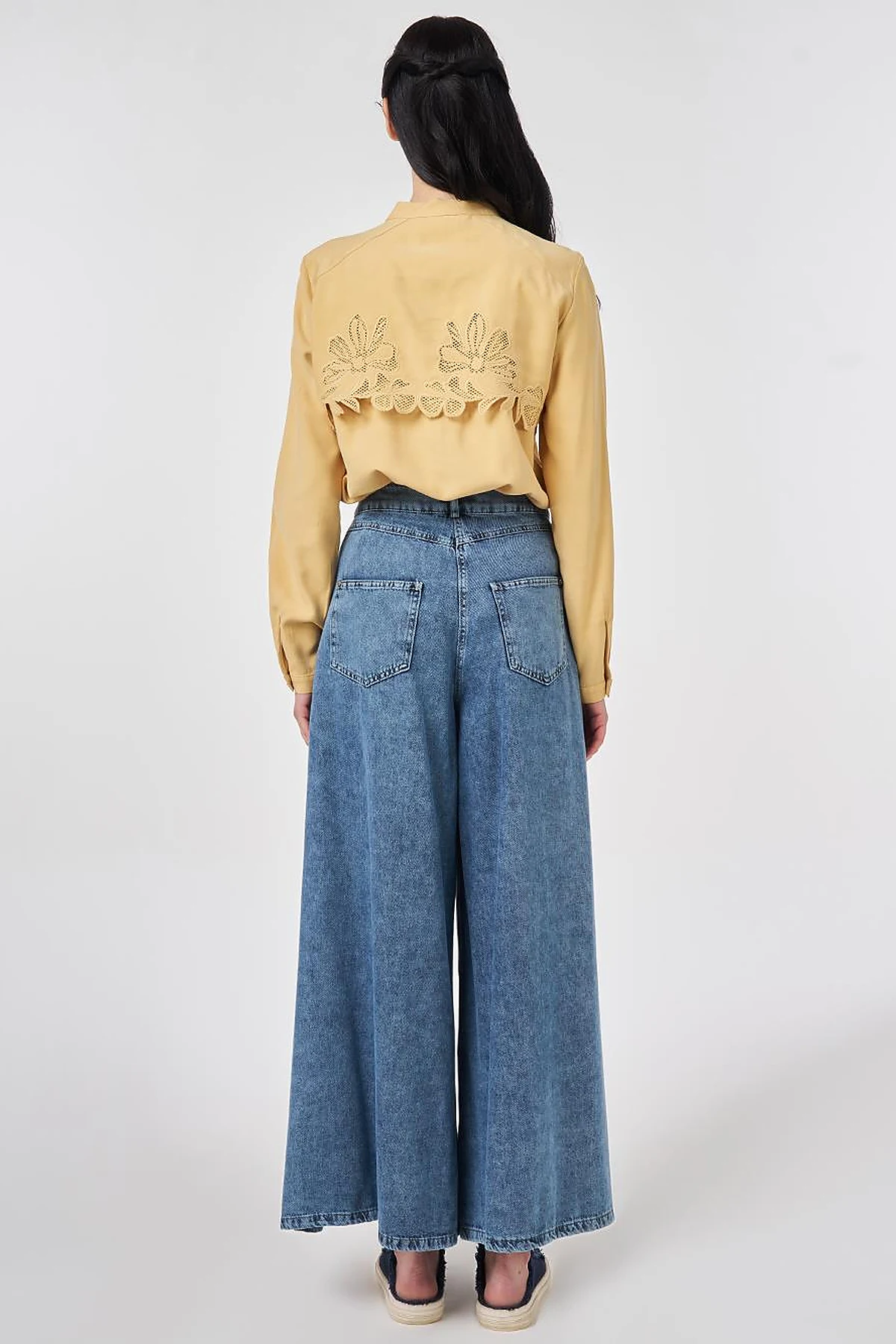 Washed Wide-Leg Denim Trousers Blue 