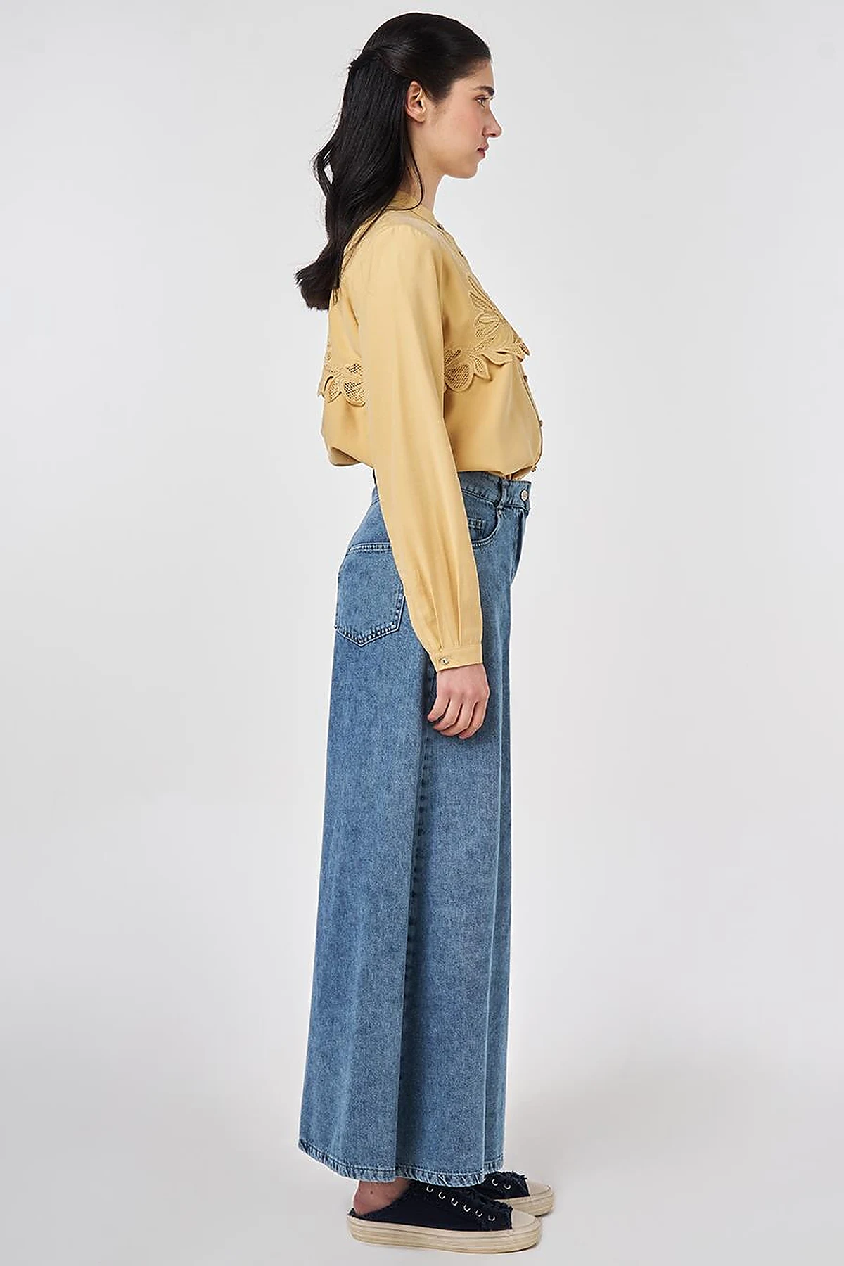Washed Wide-Leg Denim Trousers Blue 