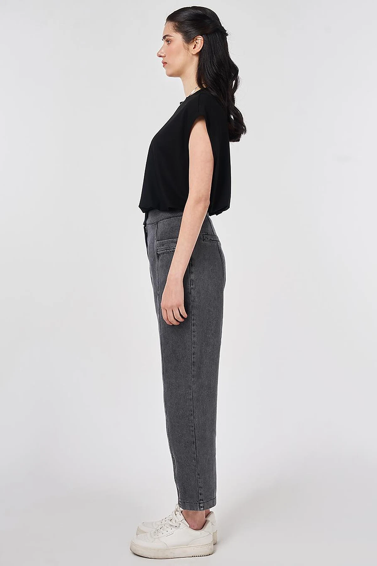 Yıkamalı Paçası Fermuarlı Denim Pantolon Gri 