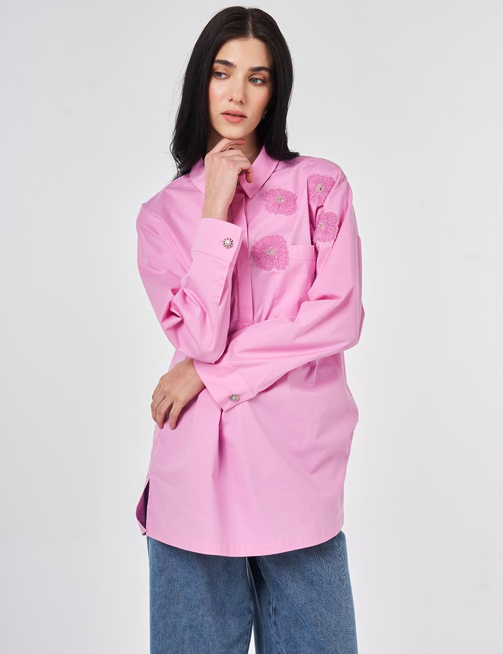 Applique Detailed Cotton Tunic Candy Pink