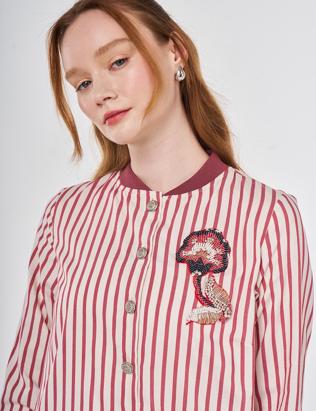 Striped Embroidered Cotton Tunic Ruby