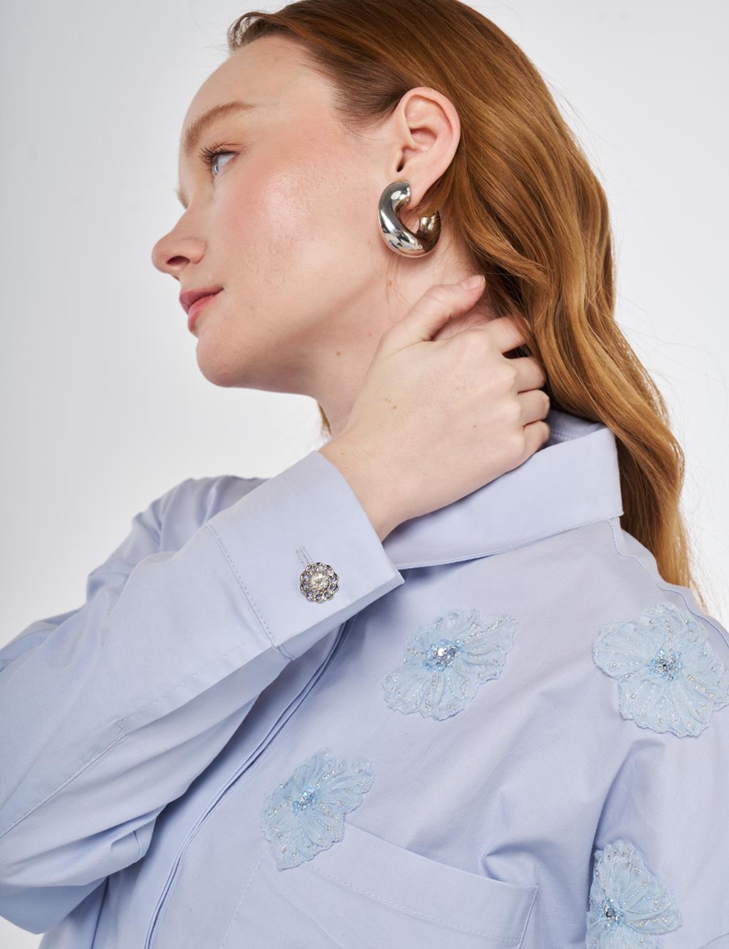 Aplike Detaylı Pamuklu Tunik Mavi