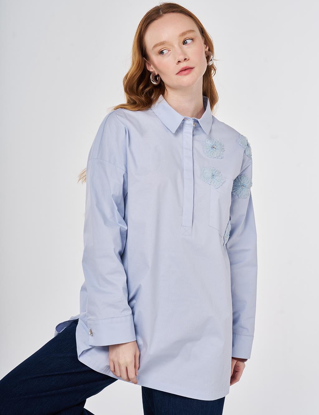 Aplike Detaylı Pamuklu Tunik Mavi