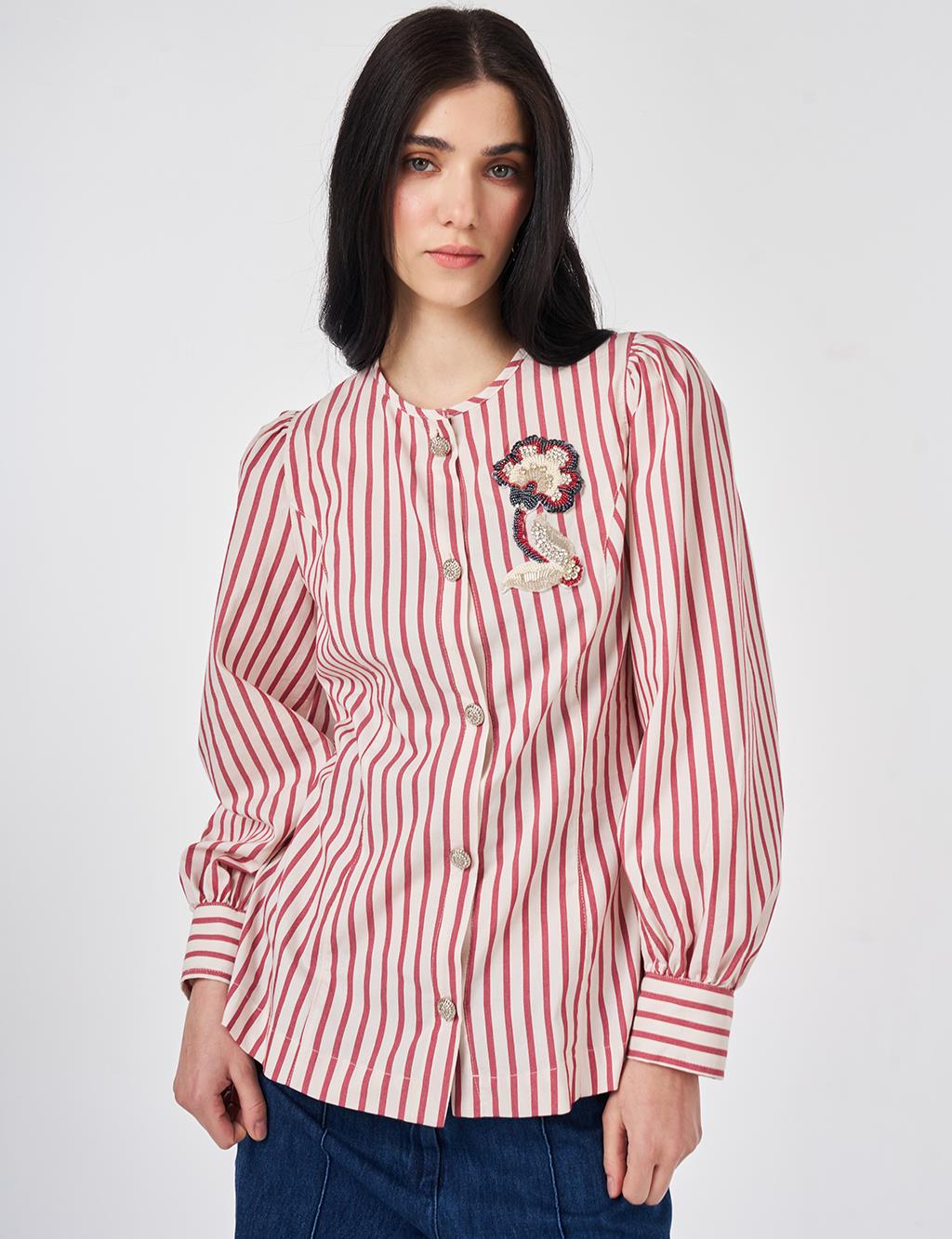 Shiny Buttoned Cotton Tunic Ruby