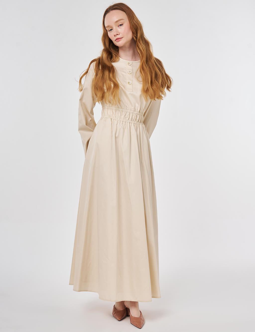100% Cotton Maxi Dress with Waist Detail Cream
