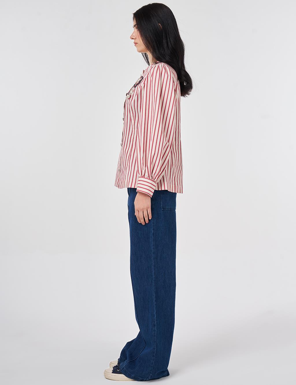 Shiny Buttoned Cotton Tunic Ruby