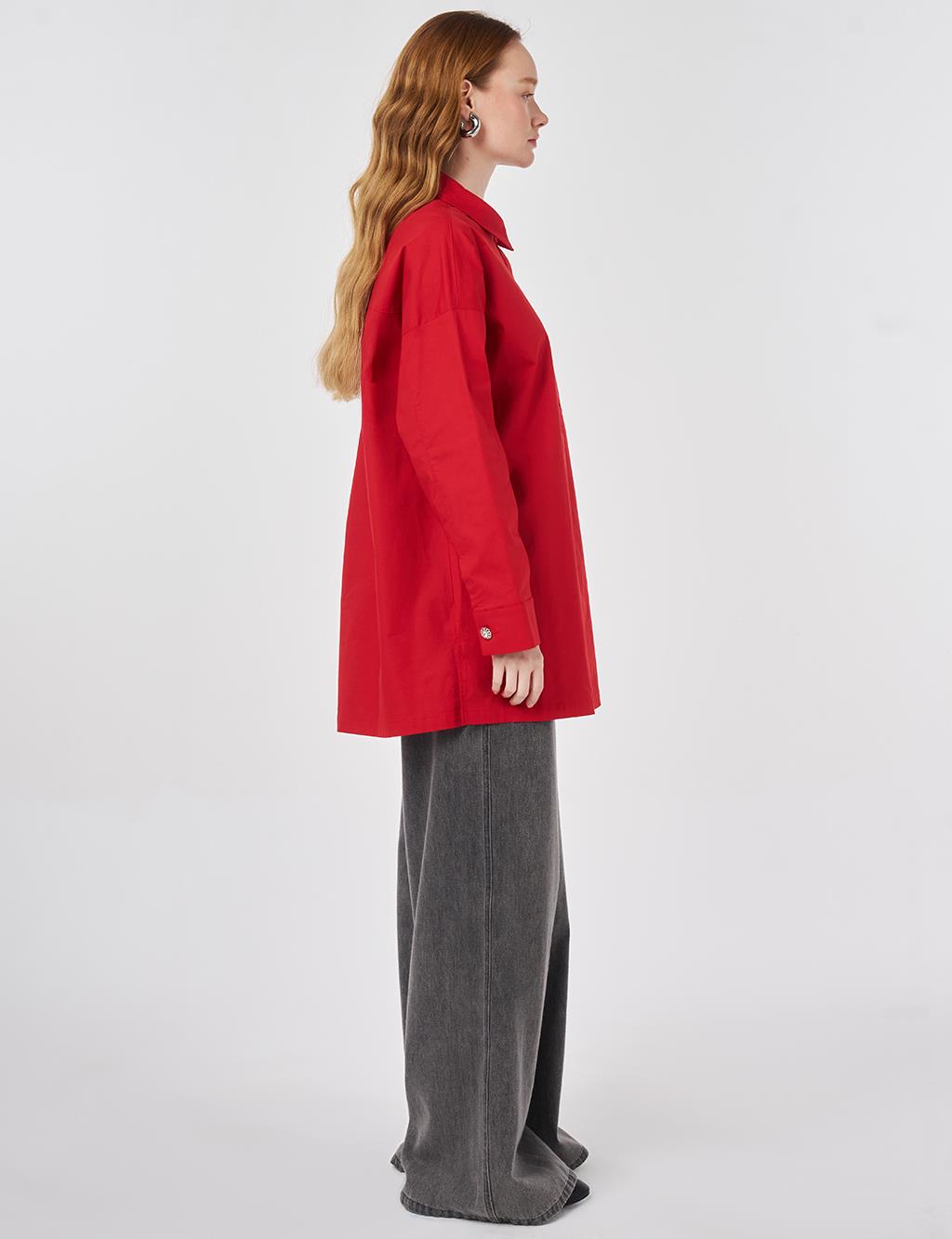 Applique Detailed Cotton Tunic Red