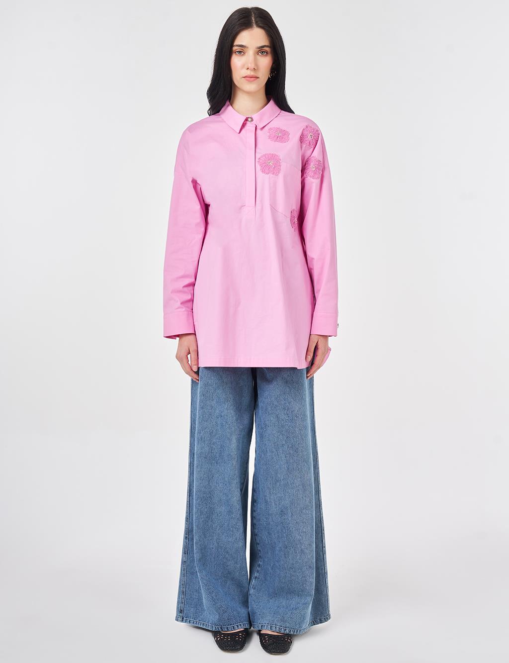 Applique Detailed Cotton Tunic Candy Pink