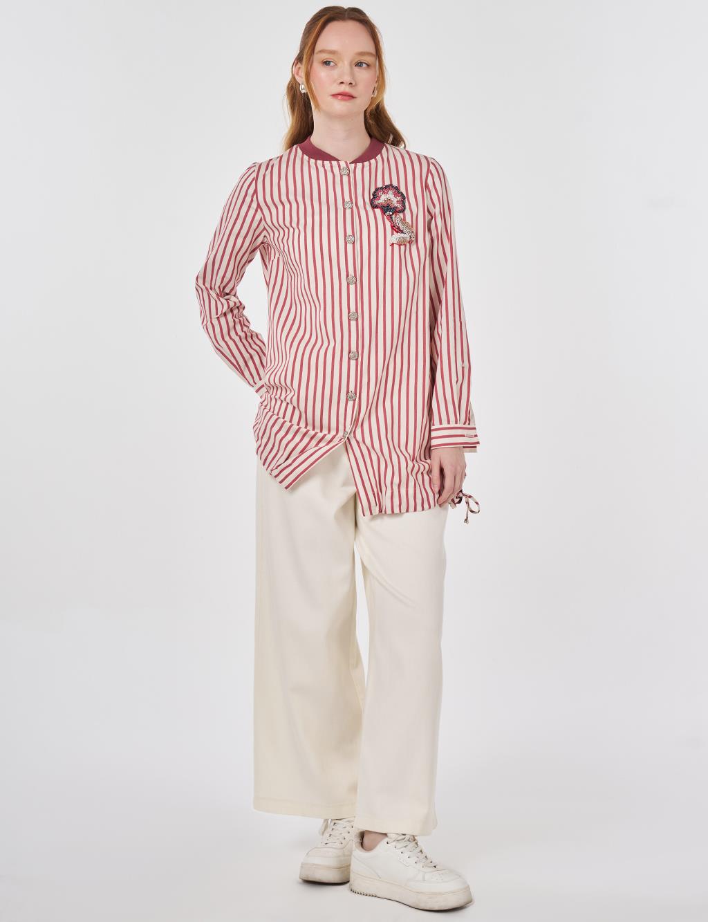 Striped Embroidered Cotton Tunic Ruby