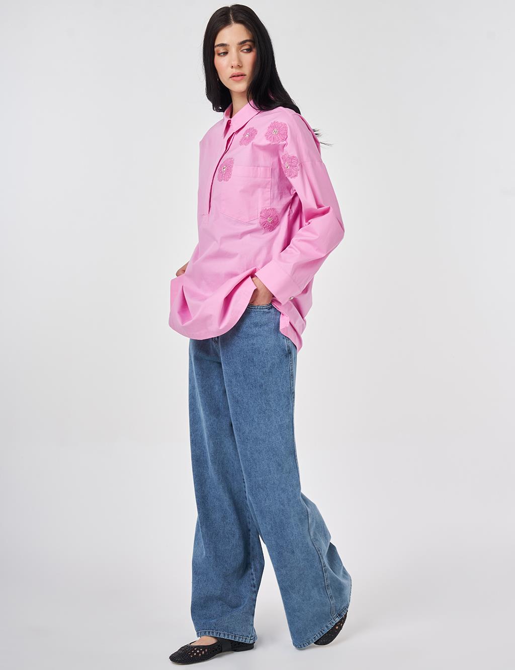 Applique Detailed Cotton Tunic Candy Pink