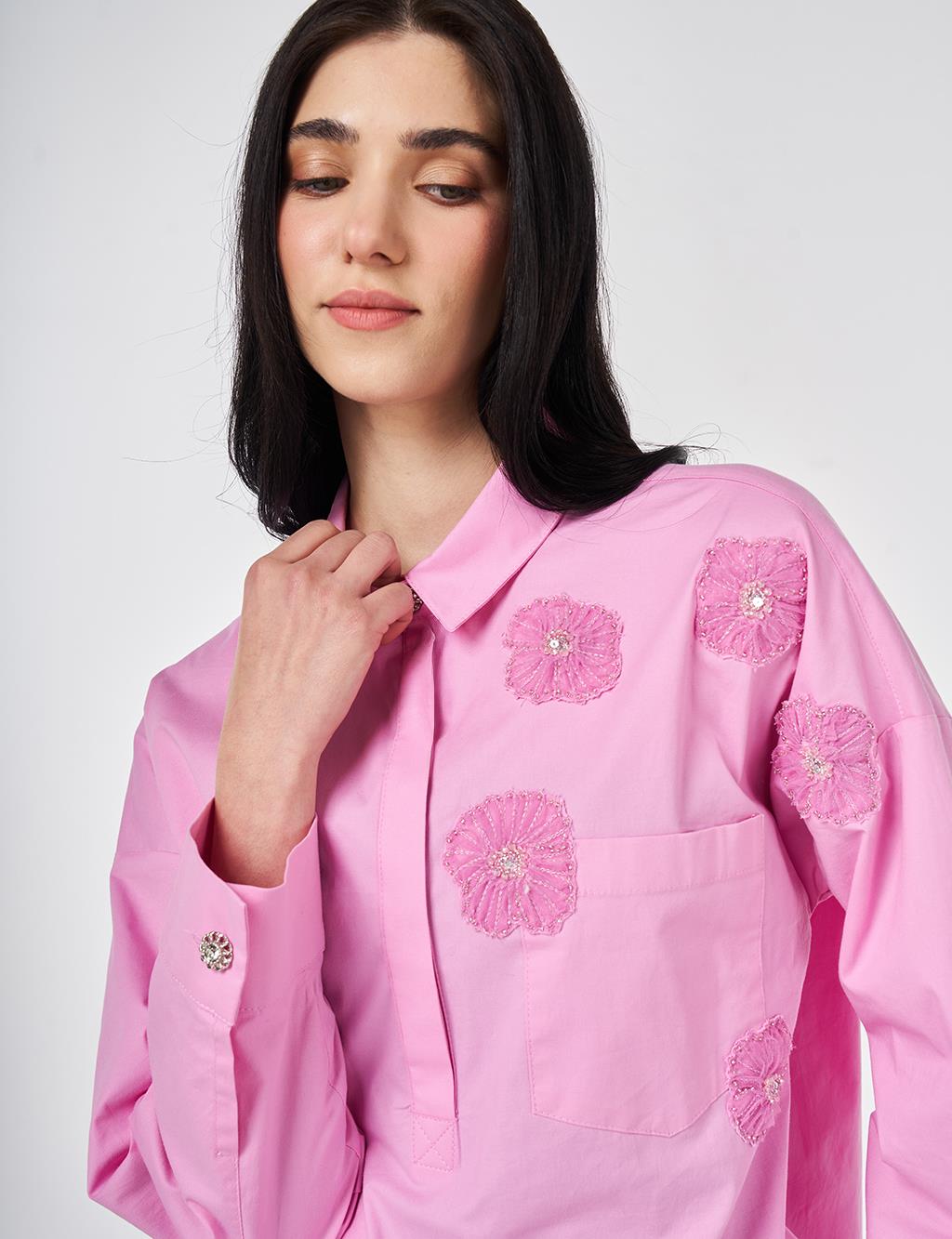 Applique Detailed Cotton Tunic Candy Pink