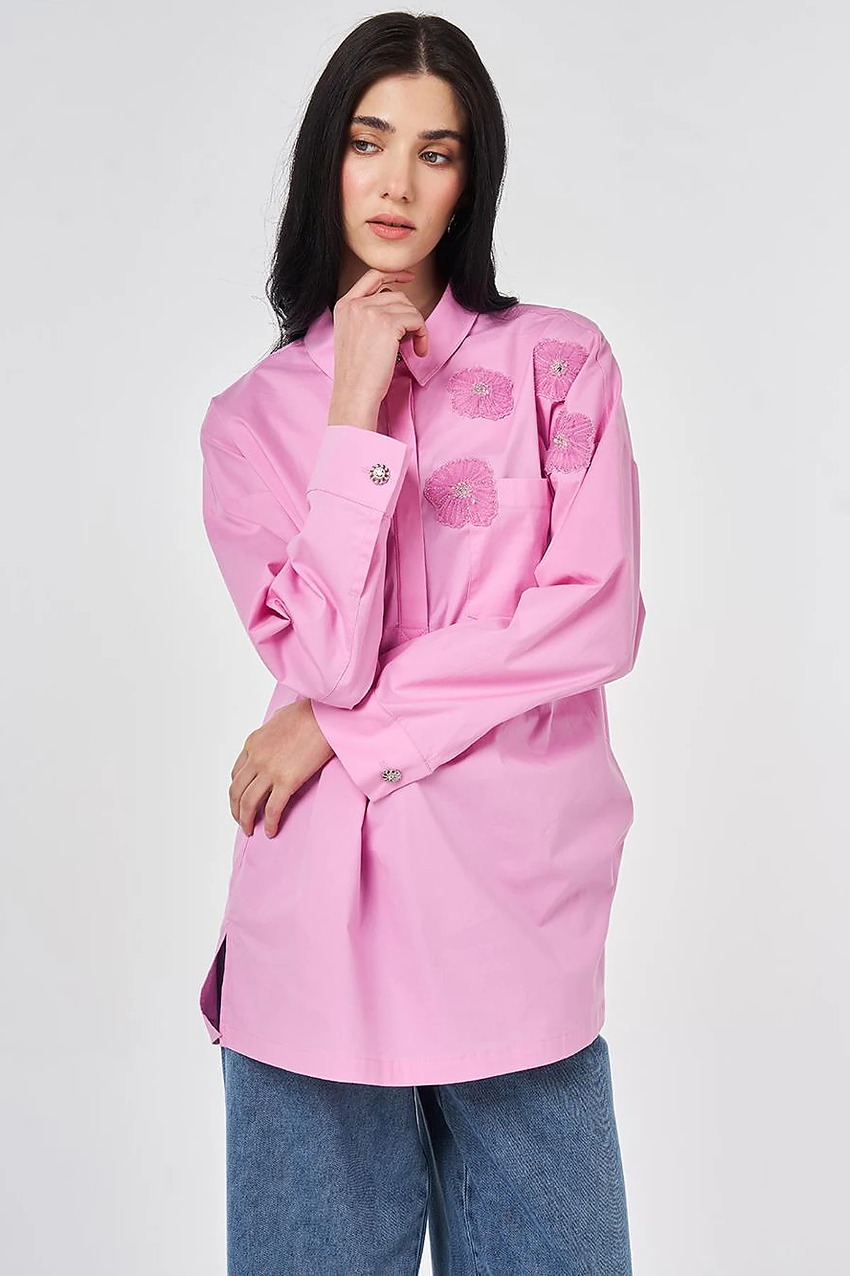Aplike Detaylı Pamuklu Tunik Şeker Pembe
