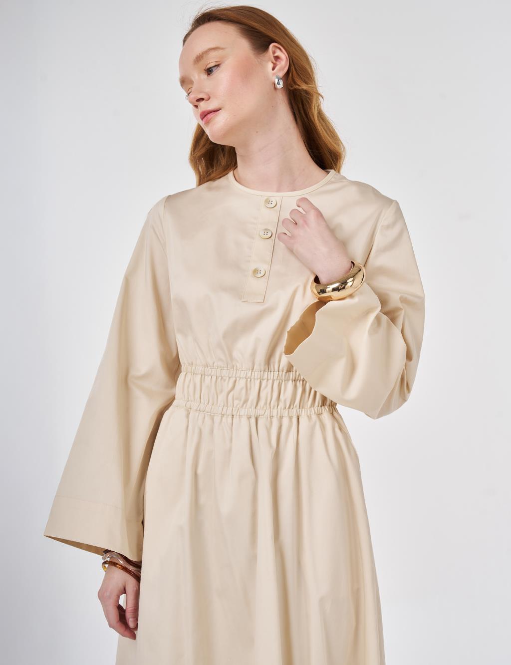 100% Cotton Maxi Dress with Waist Detail Cream
