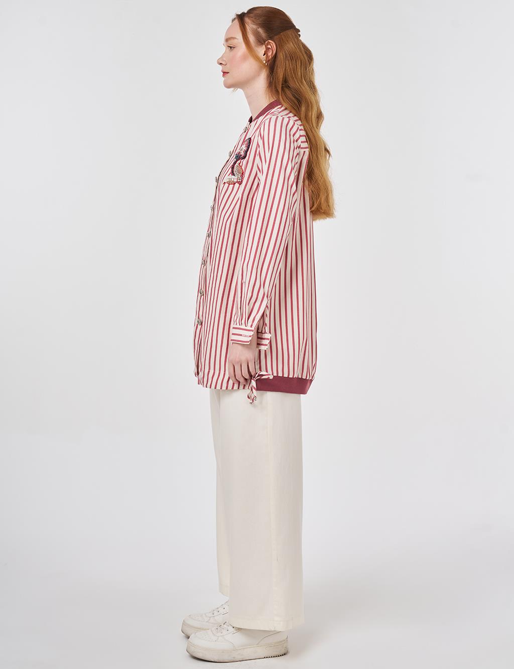Striped Embroidered Cotton Tunic Ruby