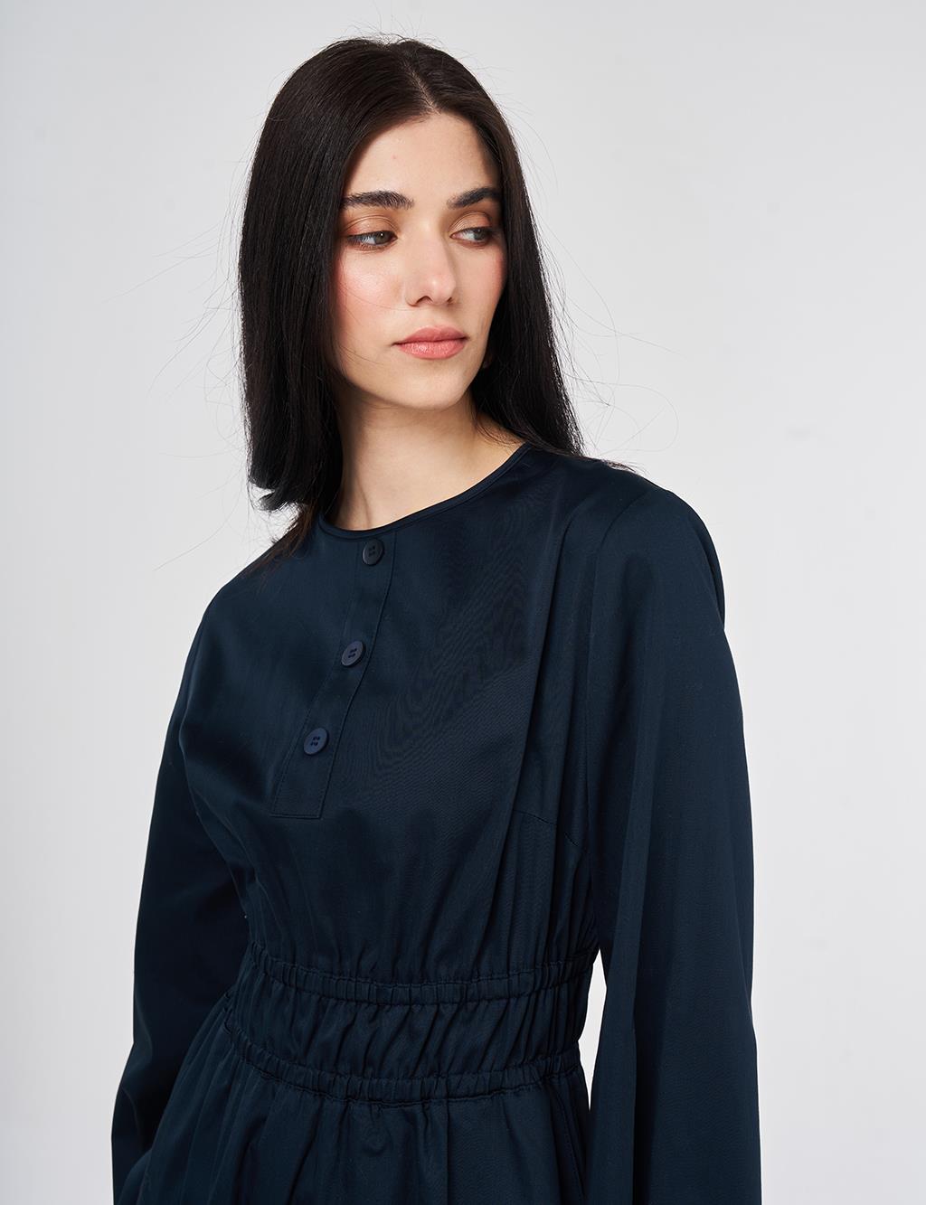 %100 Pamuklu Bel Detaylı Maksi Elbise Koyu Lacivert