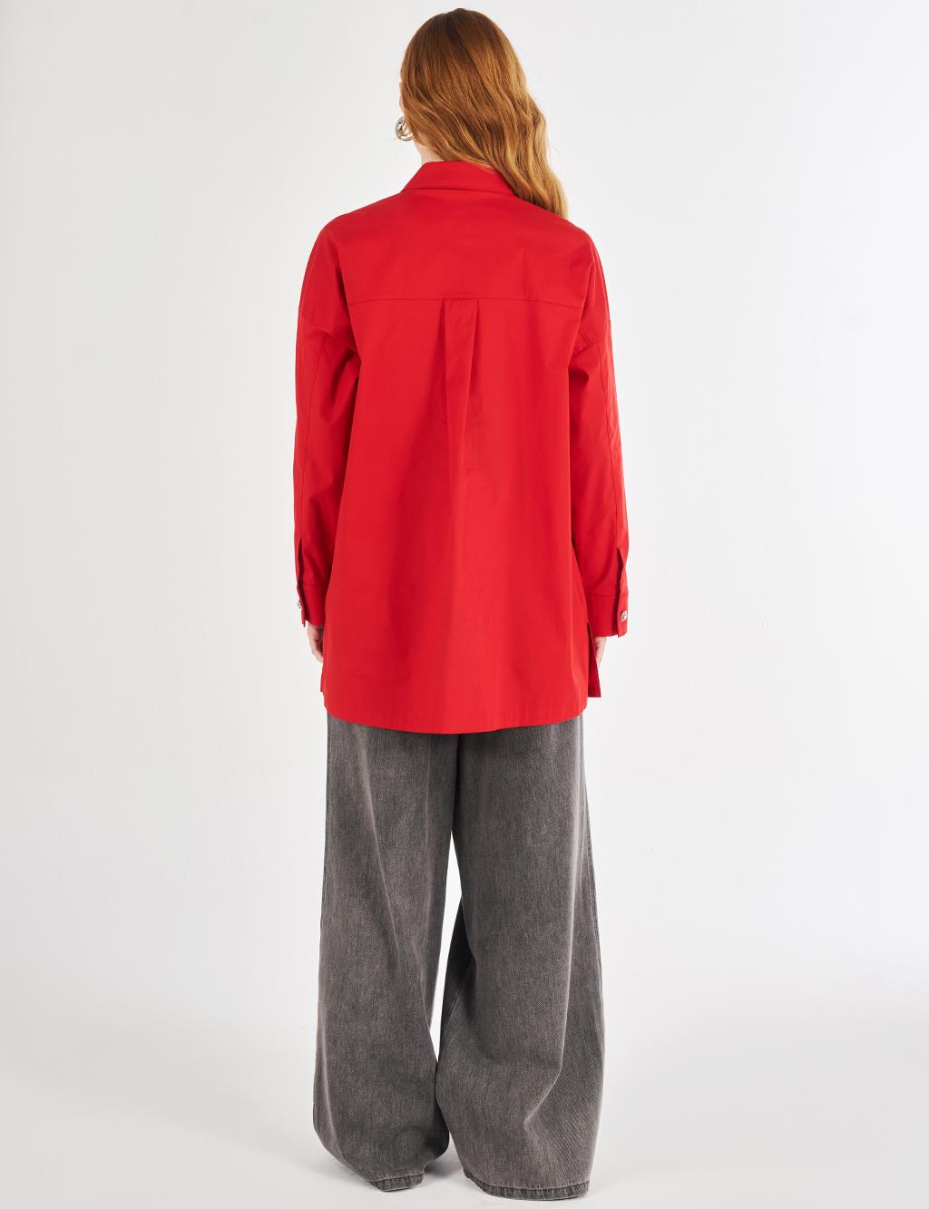 Applique Detailed Cotton Tunic Red